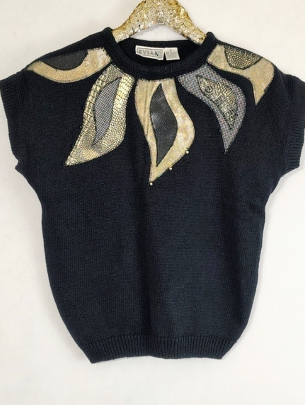 Vintage 80s Evian Women's Black Patchwork Sweater Top Size Large Glam Maximalist - Picture 9 of 10